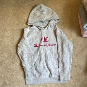 Champion Gray Hoodie with Pink Logo